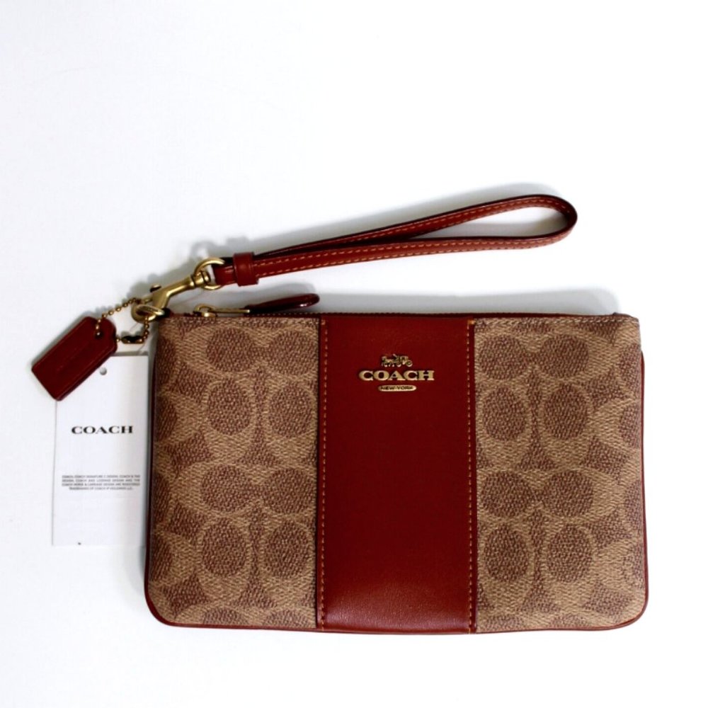 Coach Tan Rust Colorblock Coated Canvas Signature Small Wristlet
